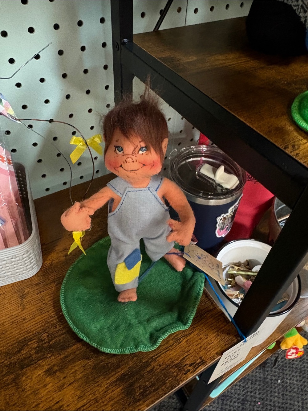 Annalee Brown-Haired Plush Doll in Gray Overalls with Yellow Patch